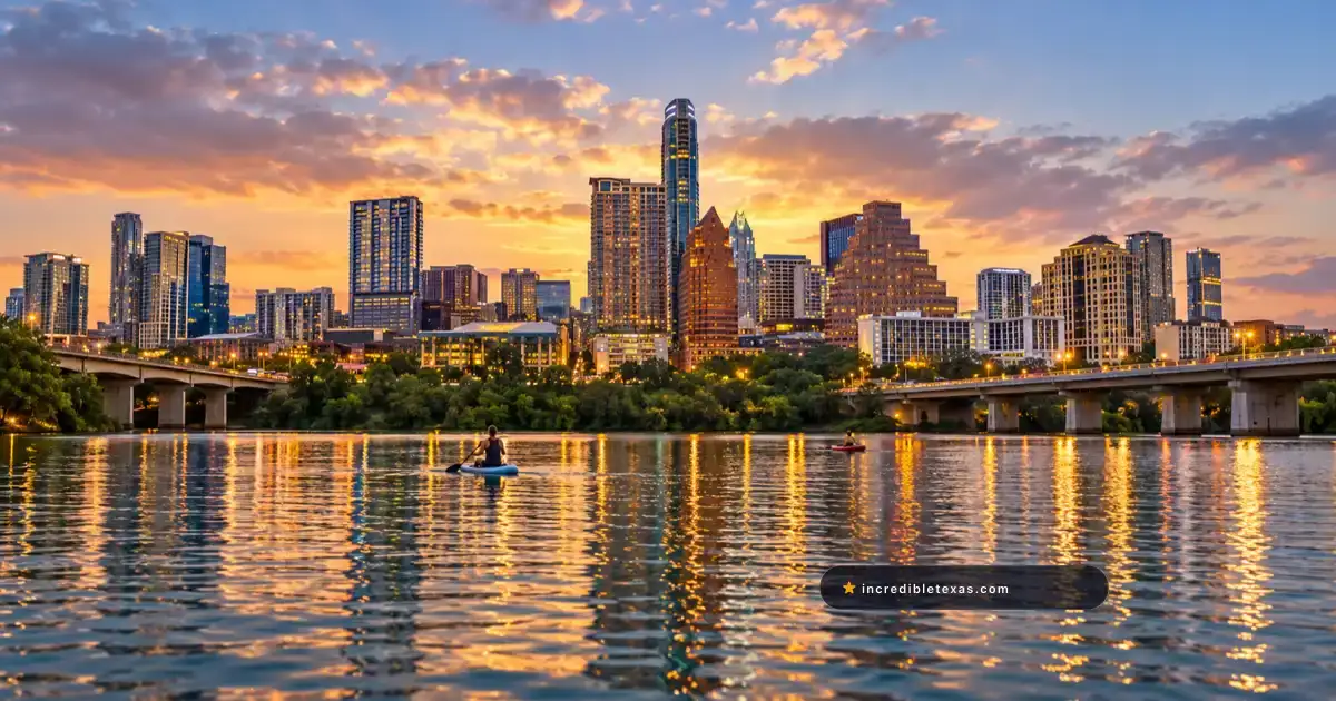 Downtown Austin skyline reflects across Lady Bird Lake at sunset