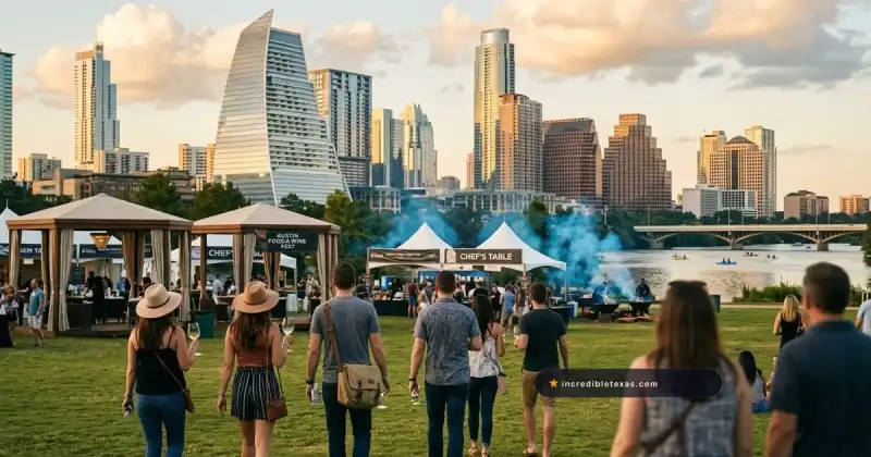 Outdoor tasting pavilions and chef grilling stations at the Austin Food and Wine Festival on Auditorium Shores with city skyline