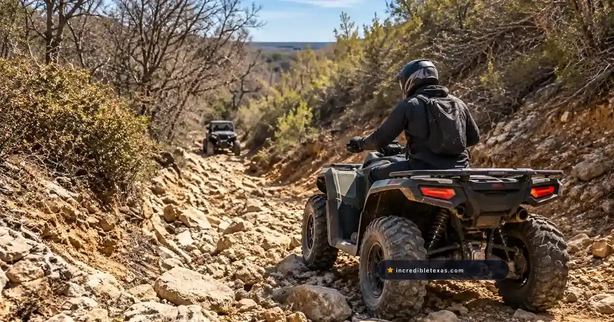 Rental ATV parked on a rocky North Texas trail at Northwest OHV Park