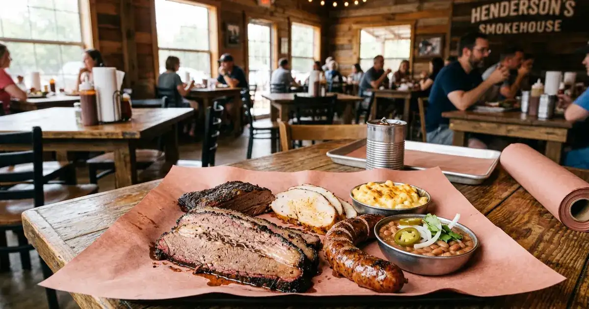 Texas barbecue feast on butcher paper with sliced beef brisket, smoked turkey, and sausage in an airy dining room