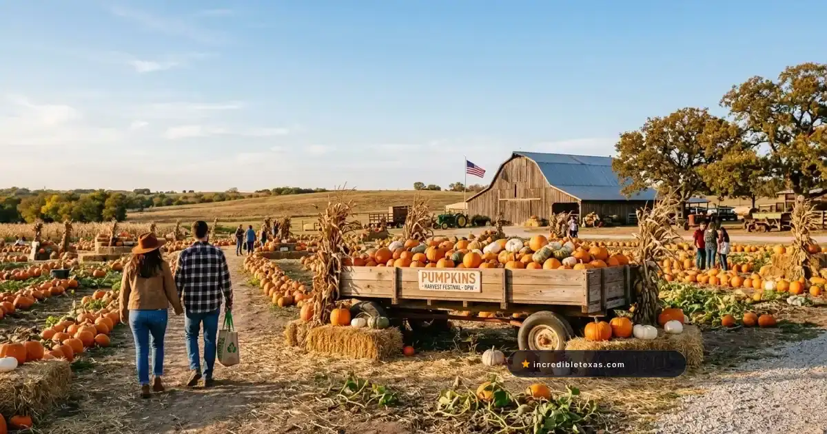 Autumn travelers exploring a rustic pumpkin farm wagon and pumpkin patch in Dallas-Fort Worth