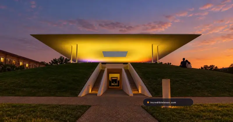 Twilight Epiphany Skyspace glows above its twin staircases at Rice University in Houston