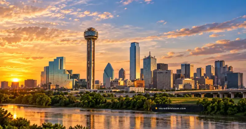Reunion Tower rises above downtown Dallas at golden hour
