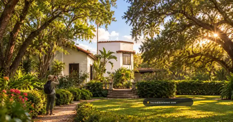 Quinta Mazatlan's white stucco mansion sits among mature trees in McAllen