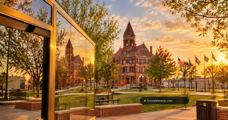 Hopkins County Courthouse reflected in the glass pavilion on Sulphur Springs town square