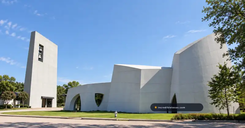 The Interfaith Peace Chapel at Cathedral of Hope in Dallas, with curved white walls and a separate bell tower
