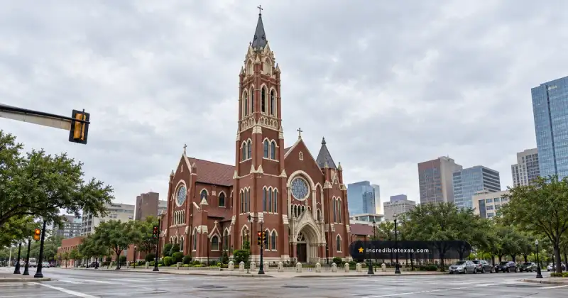 Red-brick Cathedral Santuario de Guadalupe in Dallas, with its tall Gothic tower and pointed arches