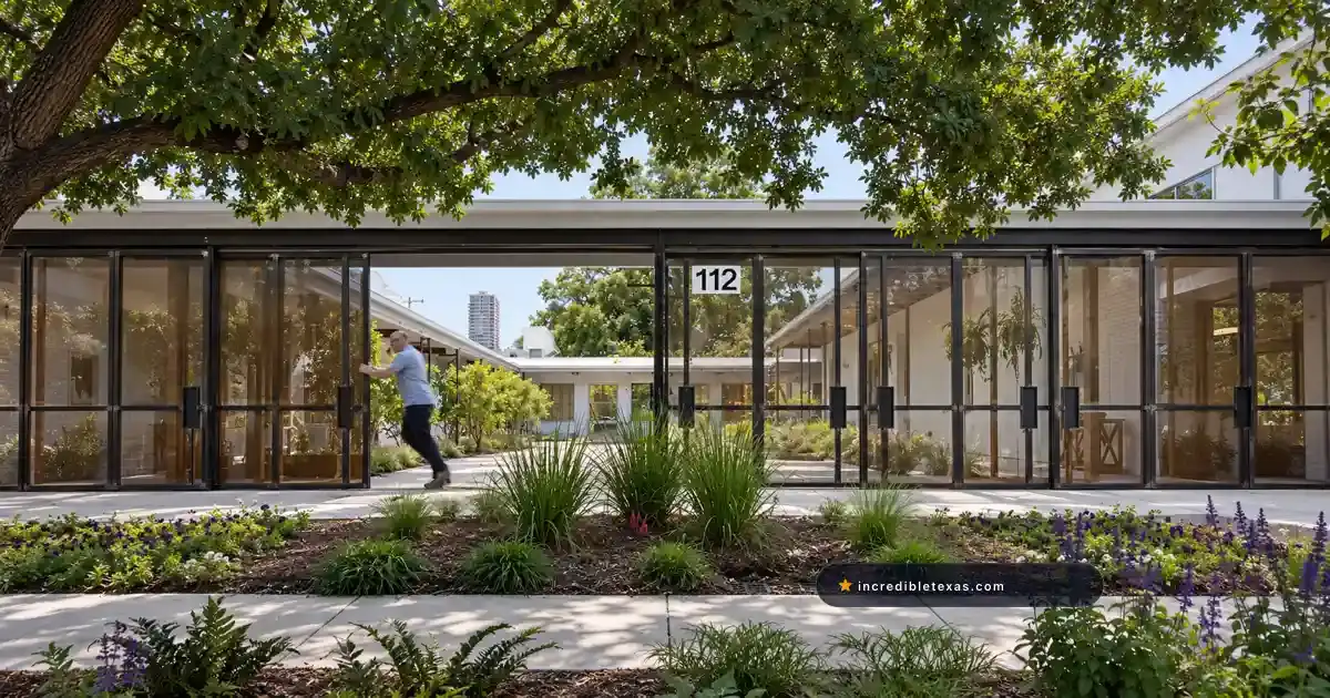 Metal-and-glass gate and landscaped courtyard at Christ Church on Medina Street in Austin