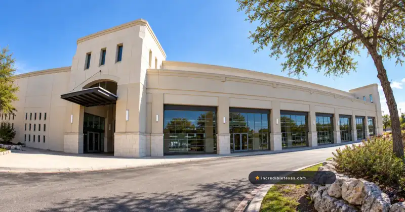 Central Campus of Community Bible Church in San Antonio, with a beige facade and curved driveway