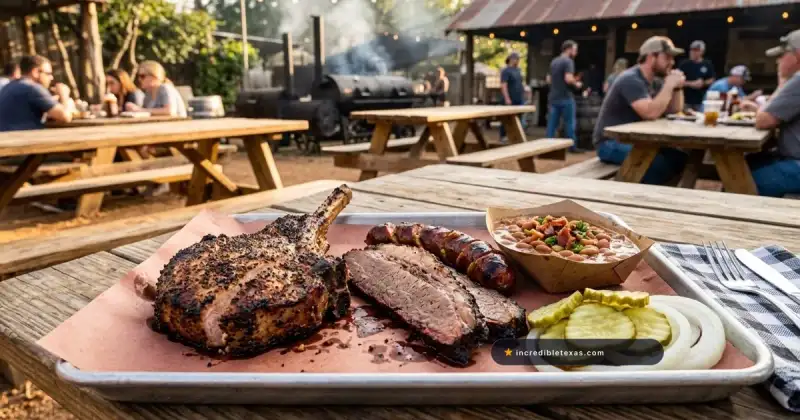 Coopers Old Time Pit Bar-B-Que Big Chop pork chop with smoked brisket, sausage, and pinto beans in Llano