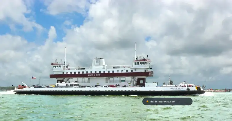 TxDOT ferry crossing Galveston Bay toward Bolivar Peninsula near Crystal Beach, Texas