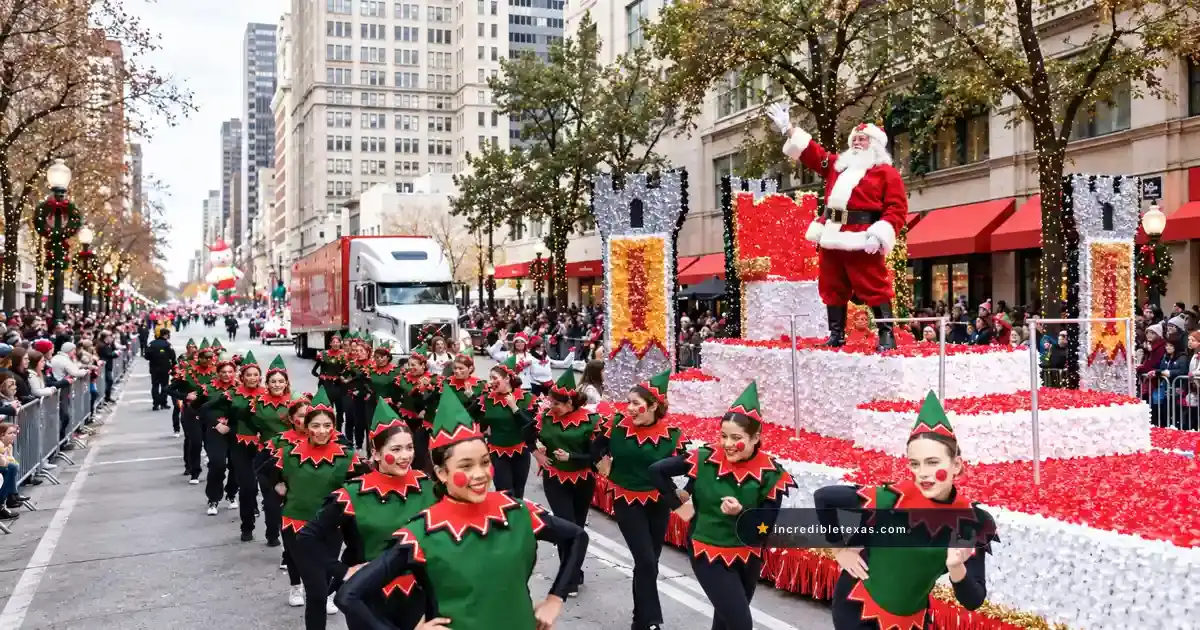 Santa on a float with green-clad dancers travels along Commerce Street during the Dallas Holiday Parade.