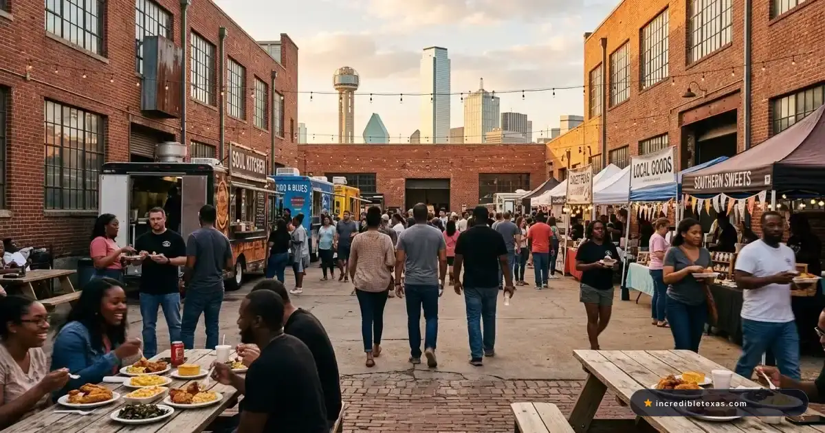 Visitors enjoying Southern comfort food at picnic tables with food trucks and Dallas skyline views at Lofty Spaces