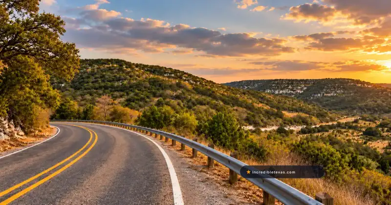 RM 32 curves along the low limestone ridges of the Devil's Backbone in the Texas Hill Country