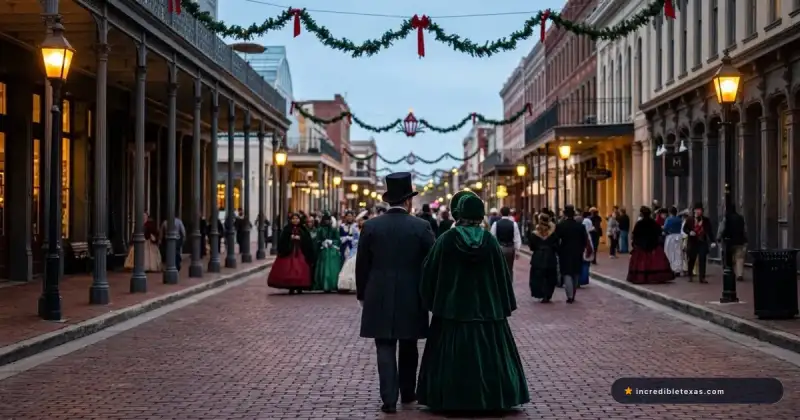 A Victorian couple in top hat and dark green velvet cloak walking down the brick-paved Strand District under holiday garlands during Dickens on The Strand in Galveston