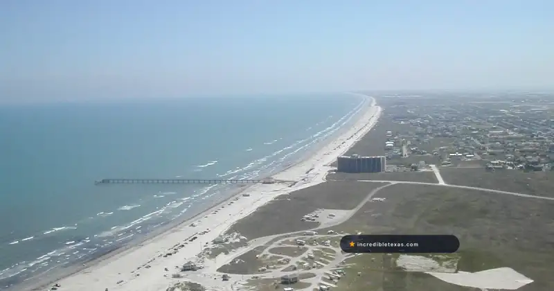 Aerial view of vehicle-accessible beach shoreline at Port Aransas and Mustang Island, Texas