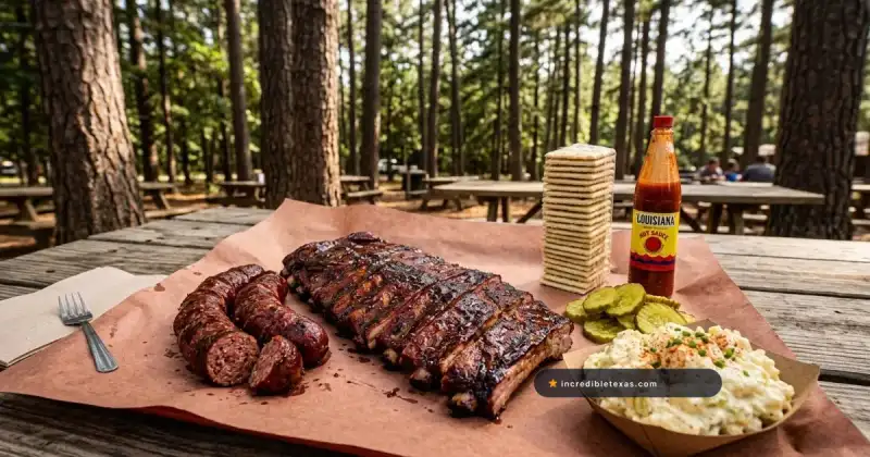 East Texas barbecue spread with glazed pork ribs, spiced beef hot links, and saltines in the Piney Woods