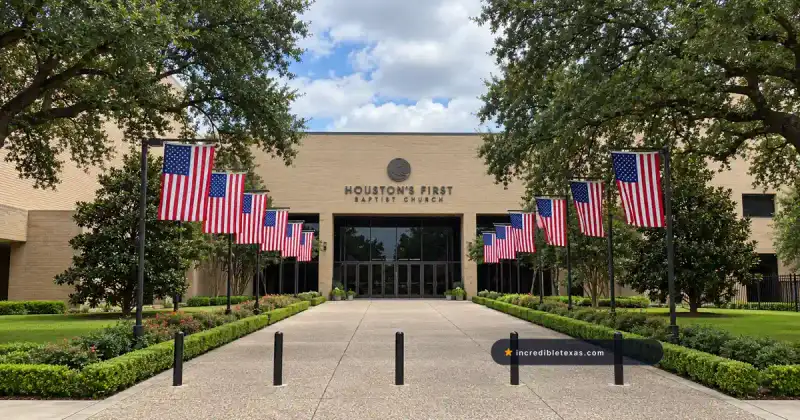 The Loop entrance at Houston First Baptist Church, with a flag-lined walkway on Katy Freeway