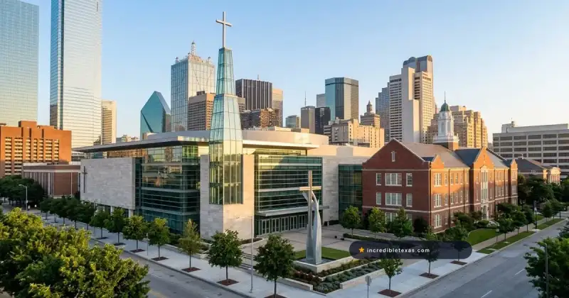 Modern glass Worship Center and historic brick buildings of First Baptist Church of Dallas under sunny morning skies