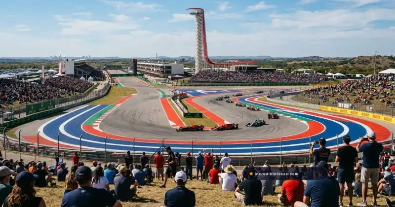 Panoramic view of Formula 1 race cars navigating Turn 1 and the iconic red observation tower at Circuit of the Americas in Austin