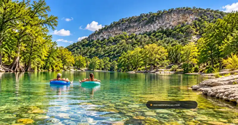Tubers float on the clear Frio River beneath a limestone bluff in the Texas Hill Country