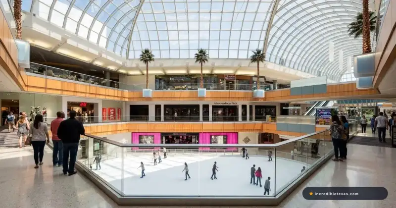 Indoor ice skating rink and multi-level shopping concourses under the arched glass atrium at Galleria Dallas