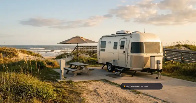 Travel trailer camper parked on a paved beachside campsite pad beside coastal dunes and Gulf waters at Galveston Island State Park