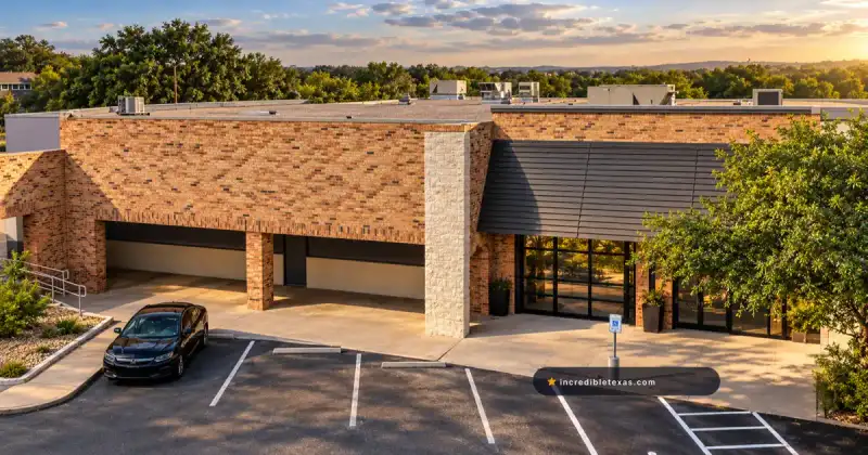 Brick facade and glass entrance at Gateway Church South Campus in Austin