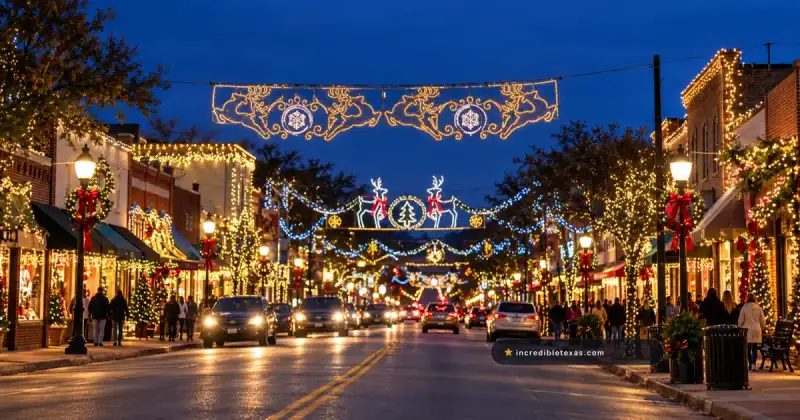 Historic Main Street in Grapevine, Texas, lined with illuminated storefronts and overhead Christmas lights at night.