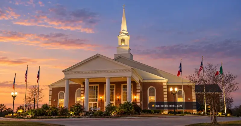 Red-brick High Pointe Baptist Church in Austin, with white columns and a central steeple