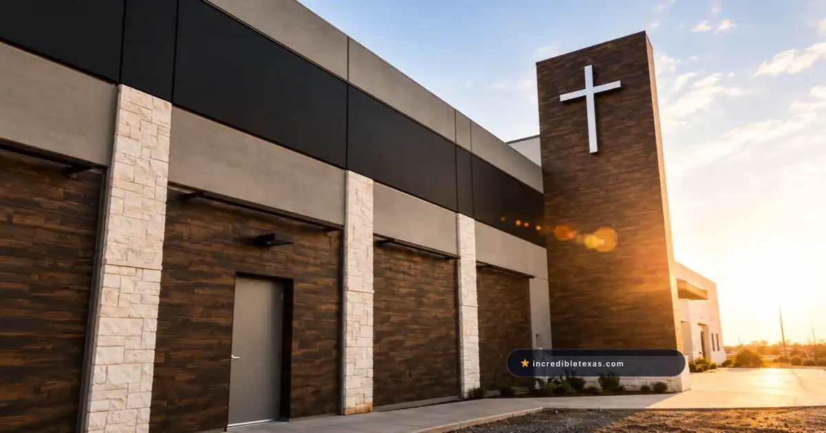 Hill Country Bible Church Lakeline campus with dark cladding, limestone columns, and a cross tower