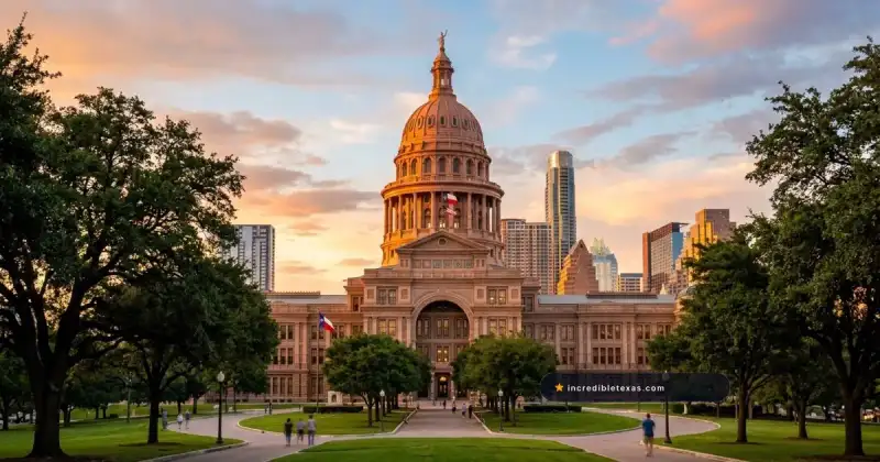 Texas State Capitol dome illuminated at golden hour with the Austin skyline behind manicured grounds