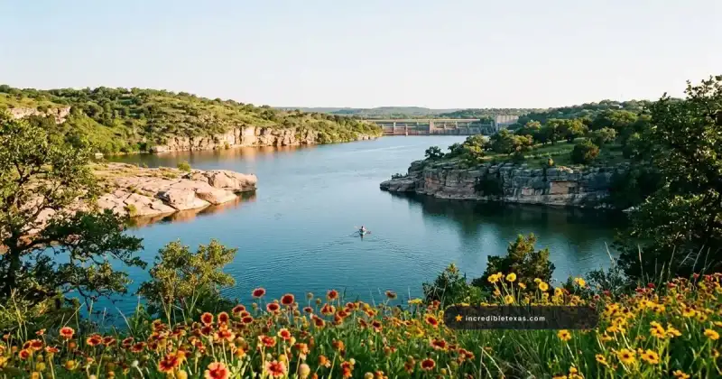 Calm blue water of Lake Marble Falls framed by limestone bluffs and Highway 281 bridge in Burnet County