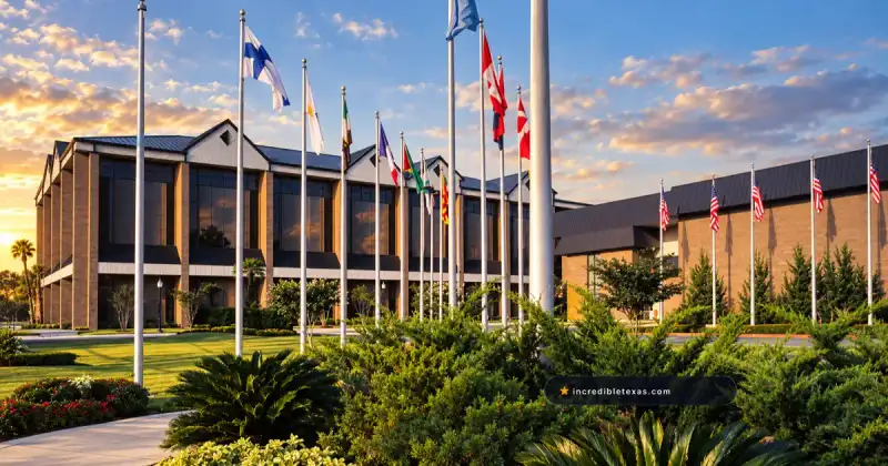 Lakewood Church at Greenway Plaza in Houston, with its brown arena facade and flag-lined grounds
