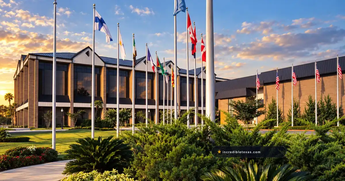 Lakewood Church at Greenway Plaza in Houston, with its brown arena facade and flag-lined grounds