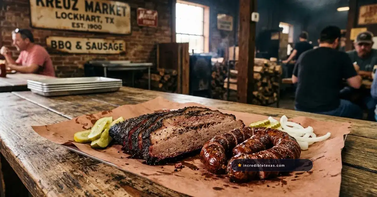 Central Texas post oak smoked brisket slices and sausage rings on brown butcher paper