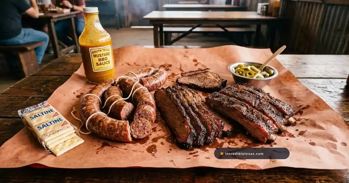 Post oak smoked sausage rings brisket slices and mustard sauce on butcher paper at Luling City Market