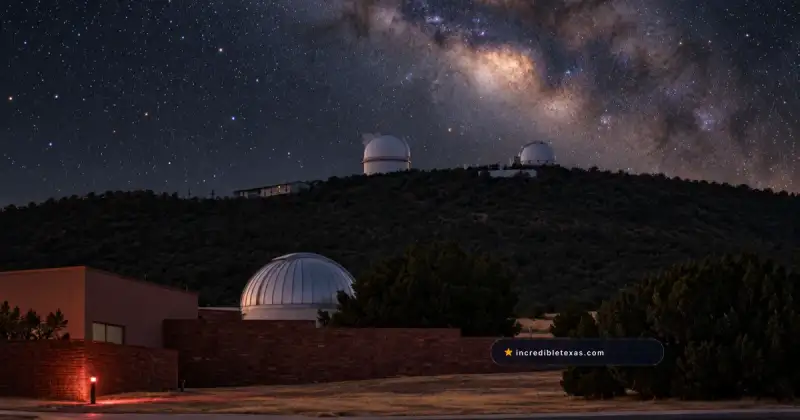 Telescope domes at McDonald Observatory on a dark West Texas ridge above the visitor center