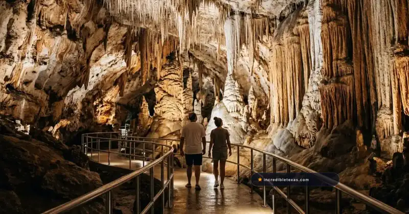 Paved walking path winding past massive limestone stalagmites and flowstones inside Natural Bridge Caverns near San Antonio