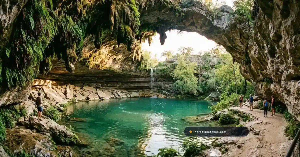 Clear turquoise waters filling a natural limestone grotto surrounded by hanging ferns and rocky cavern walls in Texas