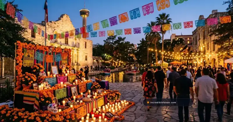 Vibrant community ofrenda altar with glowing candles and marigolds during San Antonio Dia de los Muertos at twilight