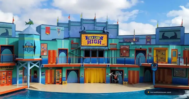 Roller coaster tracks and marine life lagoons at SeaWorld San Antonio theme park