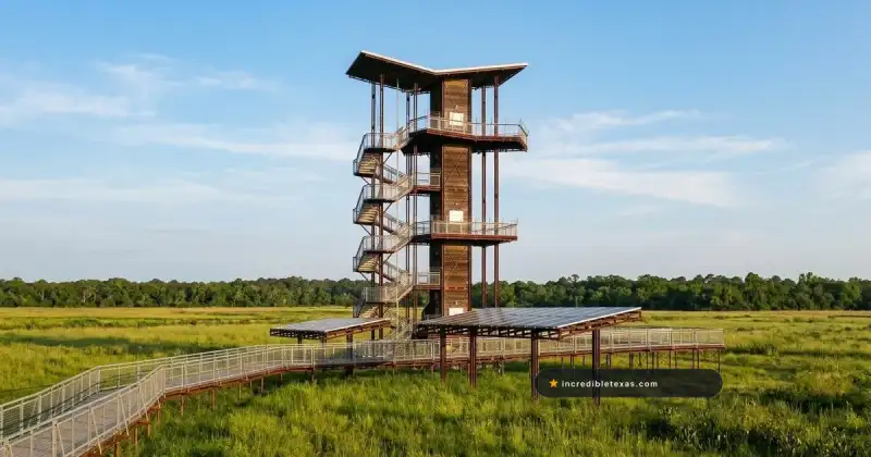 Wooden boardwalk and observation tower overlooking lily-lined marsh ponds at Sheldon Lake State Park in northeast Houston