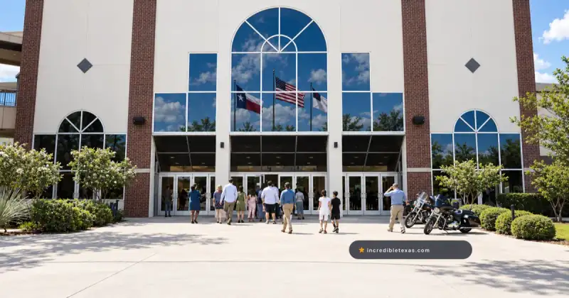 Shoreline Church in Austin, with brick piers framing a tall arched glass entrance