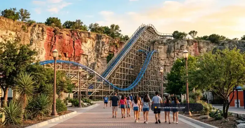 Promenade and roller coaster climbing the limestone quarry wall at Six Flags Fiesta Texas in San Antonio