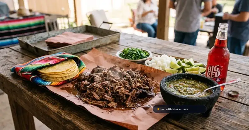 Authentic South Texas beef cheek barbacoa spread with corn tortillas, salsa verde, and Big Red soda