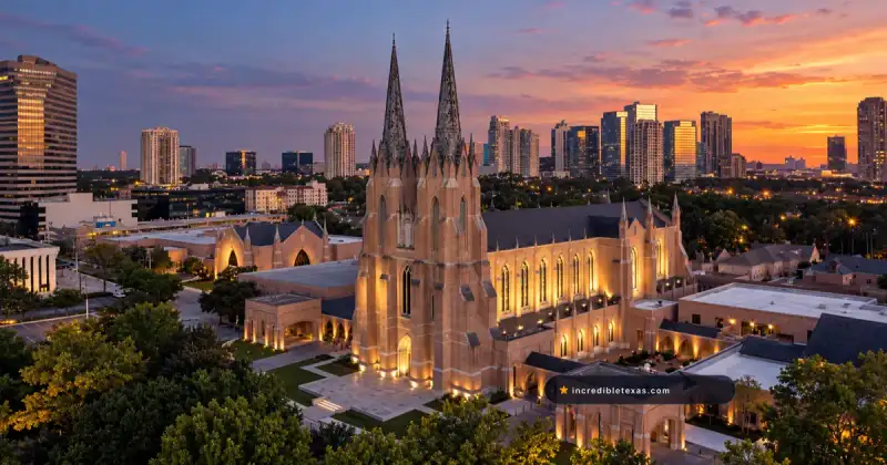 St. Martin’s Episcopal Church in Houston, with its twin Gothic spires, brick nave, and Galleria skyline