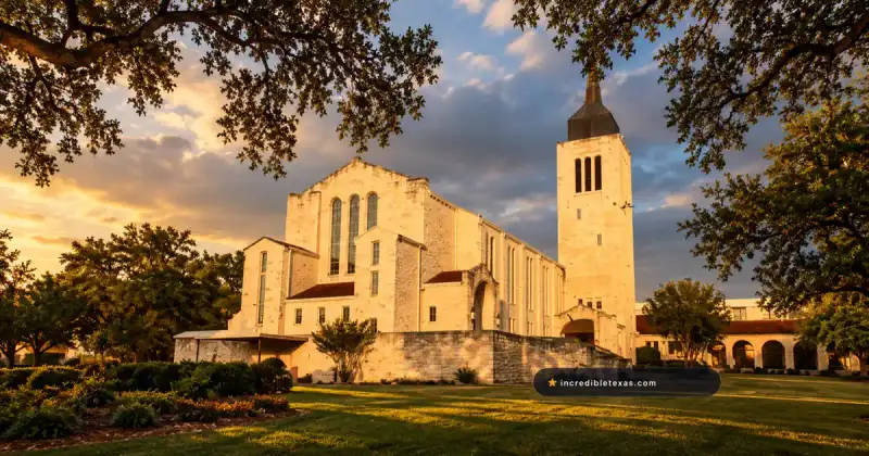 St. Paul Lutheran Church on Red River Street in Austin, with its limestone sanctuary and offset bell tower