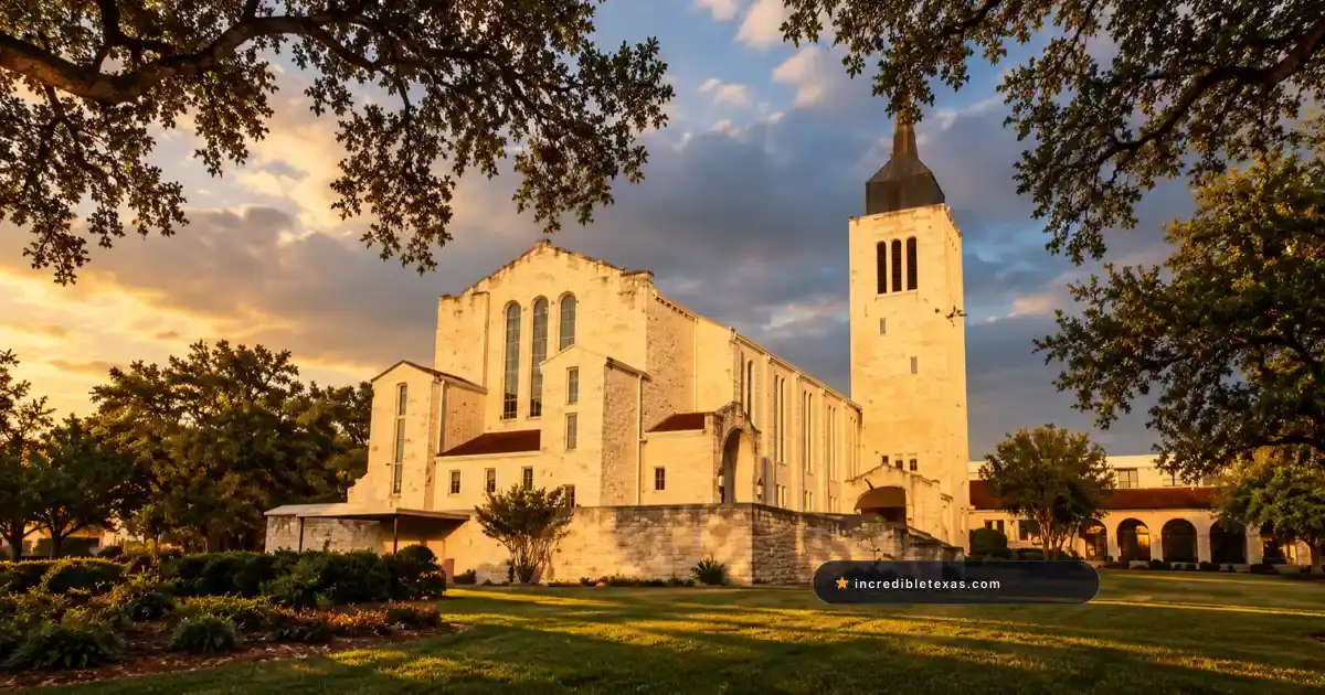 St. Paul Lutheran Church on Red River Street in Austin, with its limestone sanctuary and offset bell tower
