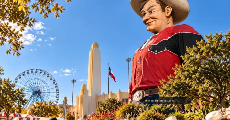Big Tex towers over visitors at the State Fair of Texas in Dallas